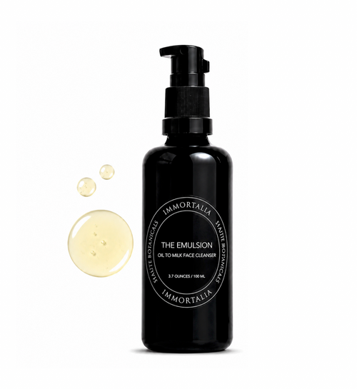 Black bottle of Immortalia The Emulsion with pump on a white background