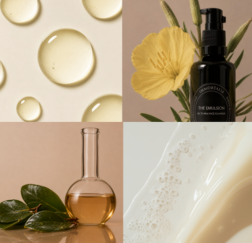 Collage of skincare product images including droplets, a bottle, a beaker, and a cream.
