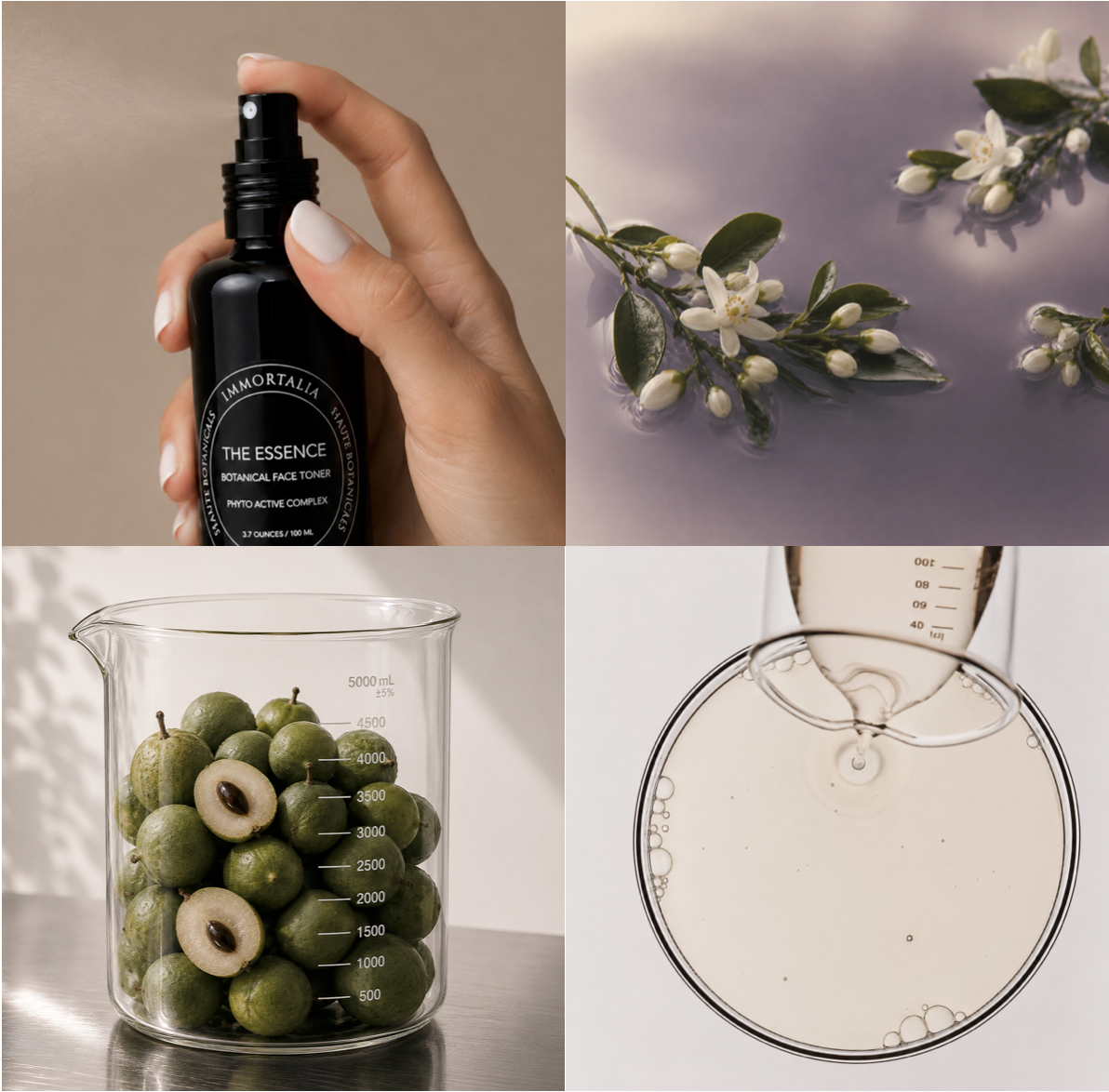 Collage of a hand holding a skincare product, flowers, olives in a beaker, and a petri dish with a white substance.
