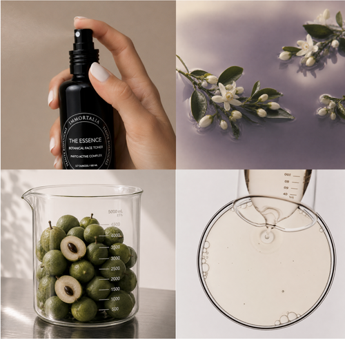 Collage of a hand holding a skincare product, flowers, olives in a beaker, and a petri dish with a white substance.