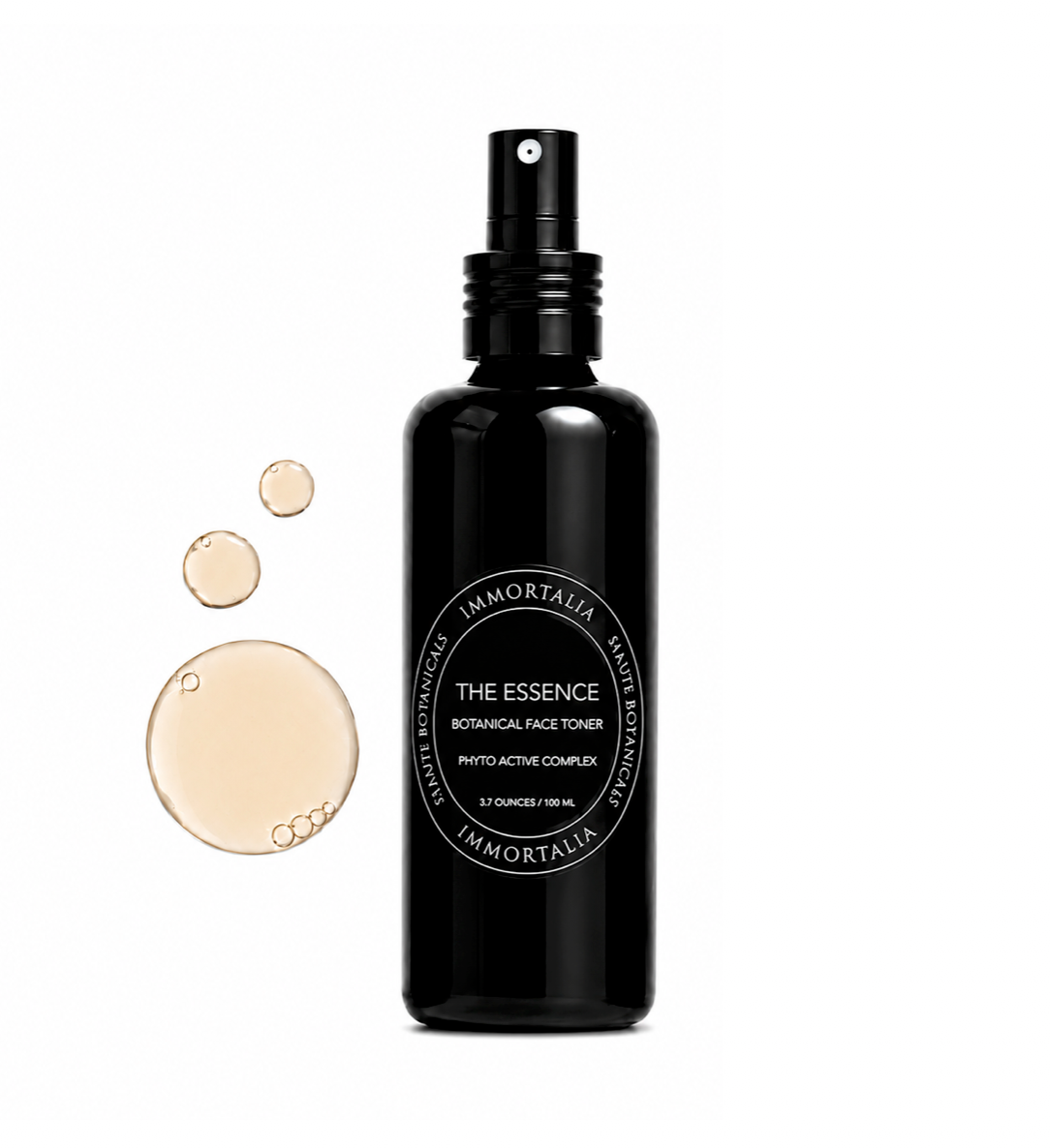 Black bottle of Immortella toner with droplets on a white background
